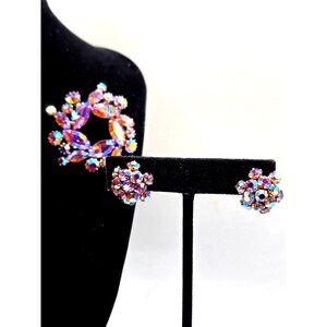 SHERMAN signed pink AB crystal Rhodium Plated Brooch and Earrings Set